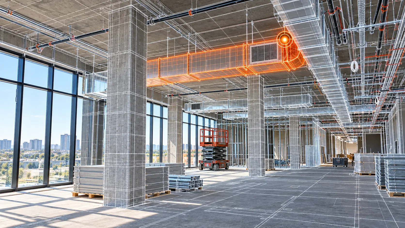 Lens360 AI intelligence with 3D BIM model wireframe overlay and highlighted duct deviation